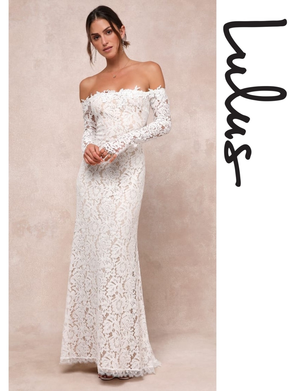 Lulu's - Romance Dreamer White Lace Off-the-Shoulder Maxi Dress -